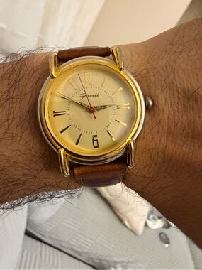 Vintage 90s Fossil RM2514 Watch Two Tone Gold T Bar Lugs Leather New Battery